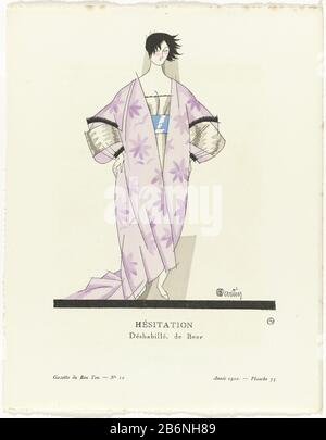 Standing woman wearing 'teagown' Beer, with a belt around the waist ribbon. Planche 75 of Gazette du Bon Ton, 1920, No. 10. Explaining the clothes on page Explication des Planches. Manufacturer : to design: Charles Martin (listed building) printmaker: anonymous fashion designer Gustav Beer (listed building) publisher Lucien Vogel (listed building) editor: The Field Press Publisher : Naville et Cieuitgever: Conde Nast Publisher, Publisher: Imprimerie Studium Place manufacture: publisher: Paris Publisher: London Publisher: Geneva Publisher: New York Publisher: Paris Date: 1920 Physical character Stock Photo