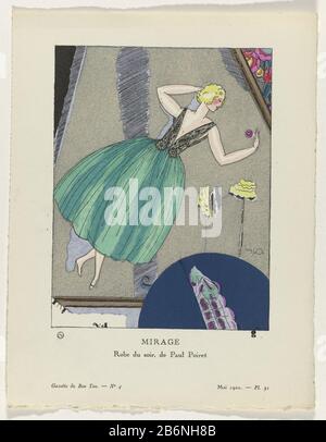 Gazette du Bon Ton, 1920 - No 4, Pl 31 Mirage Robe du soir, de Paul Poiret (titel op object) Woman with a rose in hand, dressed in an evening gown of Paul Poiret, consisting of a skirt of tulle and an embroidered bodice zilverlamé. Planche 31 of Gazette du Bon Ton, 1920, No. 4. Understanding the clothes on page Explication des Planches. Manufacturer : to design: Mario Simon (listed building) printmaker: anonymous fashion designer Paul Poiret (listed building) publisher Lucien Vogel (listed building) publisher: Naville et Cieuitgever : the Field press Publisher: Condé Nast Publisher Publisher: Stock Photo