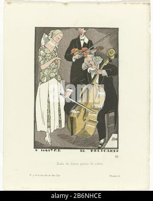 Woman in dinner dress, consisting of a white skirt and a bodice of black gold floral strips. Right two musicians with violin and cello. Planche 66 of Gazette du Bon Ton, 1920, No. 9. Understanding the clothes on page Explication des Planches. Manufacturer : designed by Fernand Siméonprentmaker: anonymous publisher Lucien Vogel (listed building) editor: The Field Press Publisher: Condé Nast Publisher Publisher: Naville et Ciedrukker: Imprimerie Studium Place manufacture: publisher: Paris Publisher: London Publisher: New York Publisher: Geneva Publisher: Paris Date: 1920 Physical characteristics Stock Photo