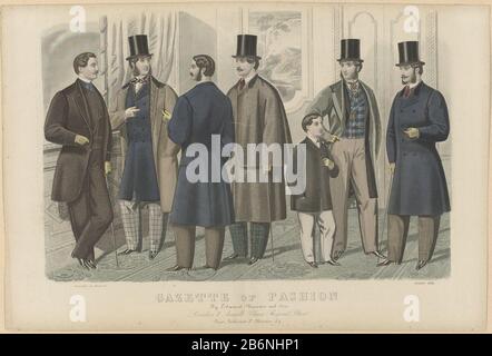 Gazette or Fashion, October 1864. Six men's and a boy costume. with and without some Doublebreasted. Accessories: Top hat, tie, ties pin, watch chain, shoes with heels. Print
