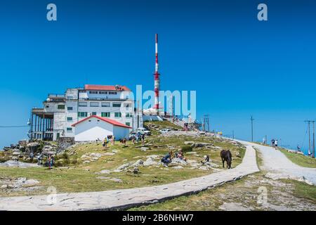 Inn and transmission antenna on the Rhune mountain in the Pyrenees Atlantiques in France Stock Photo