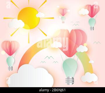 Love card abstract idea light bulbs heart pink paper overlap style balloon red floating on the air : white cloud, sun and rainbow paper cut.thinking i Stock Vector