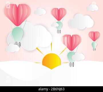 Love card abstract idea light bulbs heart pink paper overlap style balloon red floating on the air : white cloud, sun and rainbow paper cut.thinking i Stock Vector