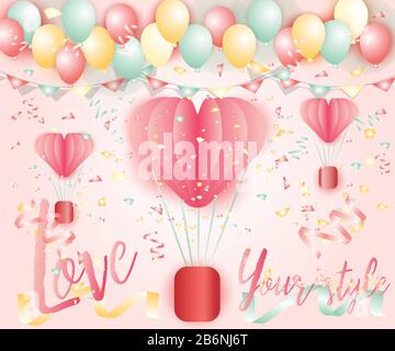 Love card abstract celebrate heart pink paper overlap style balloon red : Bright colorful balloons backdrop : The ribbon is blown. For Valentine's day Stock Vector