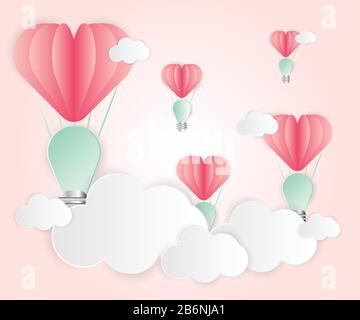 Love card abstract idea light bulbs heart pink paper overlap style balloon red floating on the air : white cloud paper cut.For template thinking idea Stock Vector