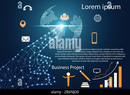 abstract technology infographic background concept hand digital link world map dot, business icon flat world, message and phone, graph line about grow Stock Vector