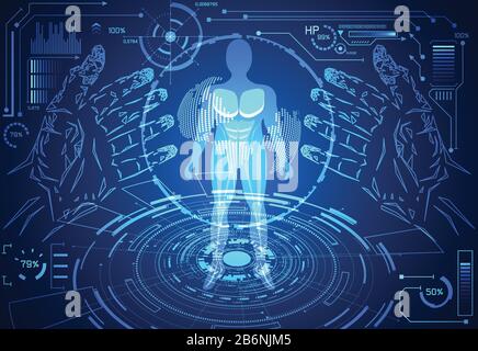 abstract technology science concept human data health digital : hud interface elements of medicine analysis hands,world,power and percent vitality inn Stock Vector