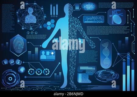 abstract technology concept human body digital health care ; hud interface of health analysis and scan body to verify identity ,finger print ,energy f Stock Vector
