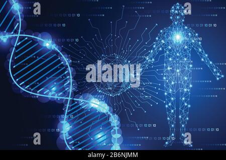abstract technology science concept modern world blue light and DNA human digital on hi tech binary background Stock Vector