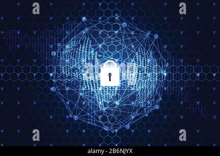 abstract technology concept world digital link cyber security on hi tech hexagon background,The more modern the technology. All over the world, more a Stock Vector