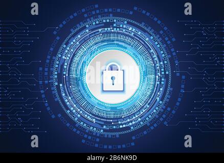 abstract technology concept cyber security padlock circle white gray digital on hi tech blue background Stock Vector