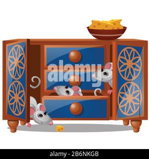 A cupboard with mouse and piece of cheese isolated on a white background. Vector cartoon close-up illustration. Stock Vector