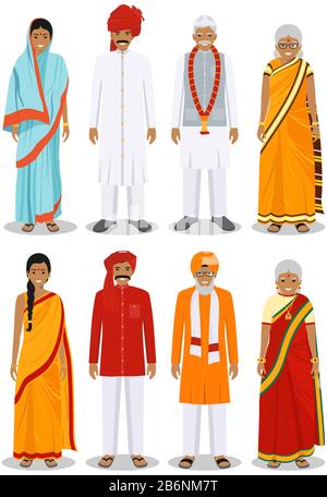 Set of different standing indian old people in the traditional clothing isolated on white background in flat style. Differences senior men and women Stock Vector