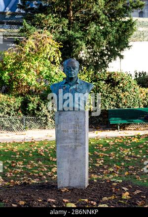 A bust of the French famous writer Antoine de Saint-Exupery in a small park at Les Invalides complex, , Paris, France. in 1960. Sculptor - Henri Bouch Stock Photo