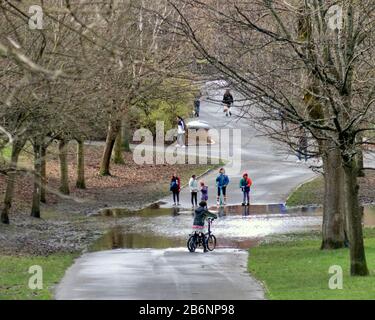 Glasgow, Scotland, UK, 11th March, 2020: UK Weather: Wet and caused flooding in kelvingrove park . Copywrite Gerard Ferry/ Alamy Live News Stock Photo