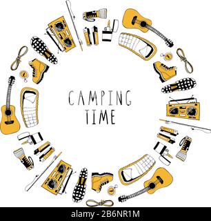 Modern circle frame for hiking, traveling design. Pattern with camping symbols. Boots, flashlight, rope, sleeping bag, compass, fishing rod. Campfire Stock Vector