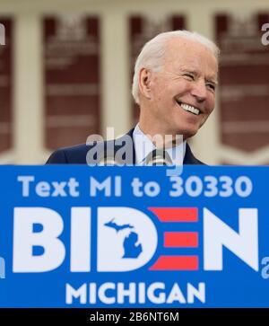 Detroit, Michigan, USA. 09th Mar, 2020. Vice President JOE BIDEN speaks during a Get Out the Vote Rally at Renaissance High School. The Michigan primary and those in five other states will be contested tomorrow, March 10. Credit: Brian Cahn/ZUMA Wire/Alamy Live News Stock Photo