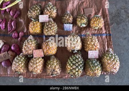 dh PNG Market ALOTAU PAPUA NEW GUINEA Pineapples markets product display fresh pineapple stall Stock Photo