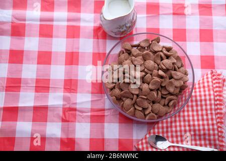top view of chocolate corn flakes in a bowl for breakfast  Stock Photo