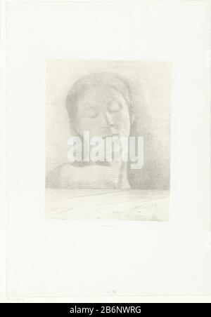 Gesloten ogen Yeux clos (titel op object) Bust of an androgynous figure with closed eyes, seen from the front. At the bottom of a landschap. Manufacturer : print maker: Odilon Redon (indicated on object) button: BecquetPlaats manufacture: print maker: France Publisher: Paris Date: 1890 Physical characteristics: lithography, chine collé Material: chine collé technique: lithography (technique) Dimensions: image: h 312 mm ( thin paper) b × 242 mm (thin paper) sheet: h 570 mm × W 396 mm Subject: hermaphrodite, androgyneeyes closed Stock Photo
