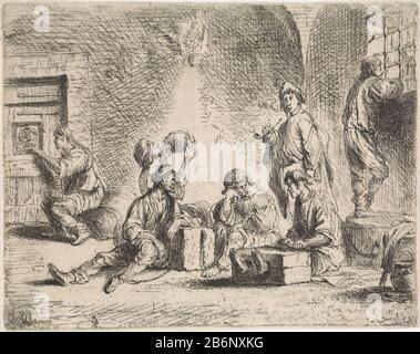 Gevangenen in kerker Genretaferelen (serietitel) The prisoners are chained to blocks. One of them talking to someone through the hatch in the door. Another looks through the bars in the window to buiten. Manufacturer : print maker: Cornelis the Waelplaats manufacture: Italy Date: 1630 - 1648 Physical characteristics: etching material: paper Technique: etching dimensions: plate edge: H 117 mm × W 148 mm Subject: prison, jail Stock Photo