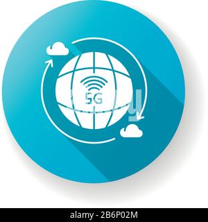 5G wireless technology blue flat design long shadow glyph icon. Global standard. Cloud computing. Mobile cellular network coverage. Silhouette RGB Stock Vector