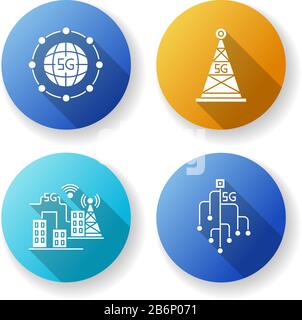 5G wireless technology flat design long shadow glyph icons set. Smart city. Microchip. Cell tower. World standard. Fast speed. Mobile cellular network Stock Vector