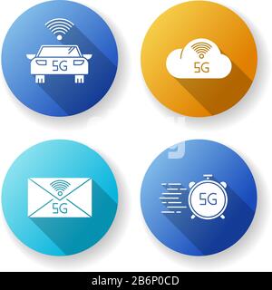 5G wireless technology flat design long shadow glyph icons set. Smart vehicle. Fast speed. Cloud computing. Improved messaging. Mobile cellular Stock Vector