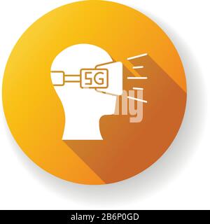 VR headset orange flat design long shadow glyph icon. Virtual reality glasses. 5G cellular mobile network. Wireless technology. Silhouette RGB color Stock Vector
