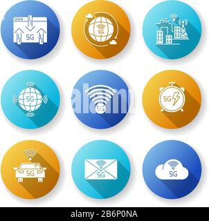 5G wireless technology flat design long shadow glyph icons set. Car control, data exchange. Smart city. Fast Internet connection. Mobile cellular Stock Vector