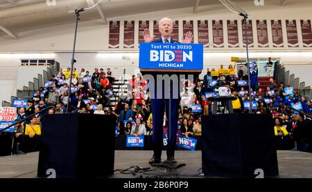 Detroit, Michigan, USA. 09th Mar, 2020. Vice President JOE BIDEN speaks during a Get Out the Vote Rally at Renaissance High School. The Michigan primary and those in five other states will be contested tomorrow, March 10. Credit: Brian Cahn/ZUMA Wire/Alamy Live News Stock Photo