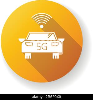 5G smart car orange flat design long shadow glyph icon. Self-driving vehicle. Autonomous driving. Driverless automobile. Wireless technology Stock Vector