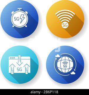 5G wireless technology flat design long shadow glyph icons set. Fast speed. Low latency connection. Signal indicator. Data exchange. Mobile cellular Stock Vector