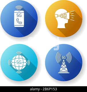 5G wireless technology flat design long shadow glyph icons set. VR headset. Cell tower. Improved phone calls. World standard. Mobile cellular network Stock Vector