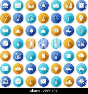 5G wireless technology flat design long shadow glyph icons set. World standard. Improved internet signal. Mobile cellular network. Silhouette RGB Stock Vector