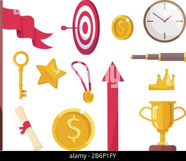 Success and leadership symbols semi flat RGB color vector illustrations set. Dart board, spyglass, golden crown, trophy and medal, star and coin Stock Vector