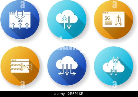 5G technology flat design long shadow glyph icons set. Data transmission. Fast information exchange. Cloud computing. Cellular network. Silhouette RGB Stock Vector