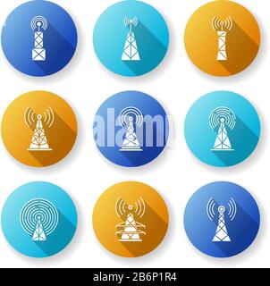 5G cell towers and antennas flat design long shadow glyph icons set. Wireless technology. Fast connection. Mobile network coverage. Telecommunication Stock Vector