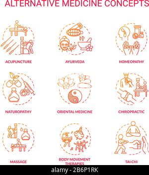 Alternative medicine concept icons set. Complementary, holistic therapies idea thin line RGB color illustrations. Physical and spiritual healing Stock Vector