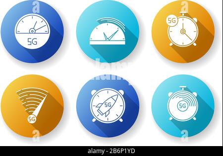 5G fast speed connection flat design long shadow glyph icons set. Stop-watches, speedometer. Mobile cellular network. Low latency Internet access Stock Vector