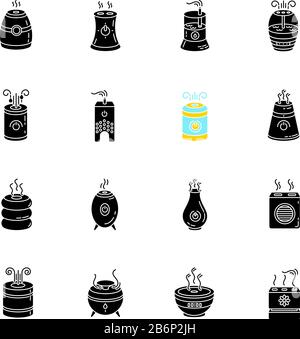 Air purifiers, humidifiers, ionizers black glyph icons set on white space. Climate control devices, household appliances, indoor humidity regulators Stock Vector