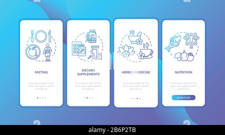 Healthy nutrition onboarding mobile app page screen with concepts. Weight loss and balanced diets walkthrough four steps graphic instructions. UI Stock Vector