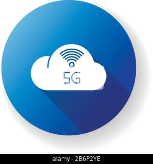 5G cloud service blue flat design long shadow glyph icon. Cloud computing. Remote workforce. Network storage. Wireless technology. Fast connection Stock Vector