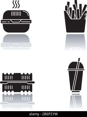 French fries drop shadow black glyph icons set. Fast food cafe menu ...