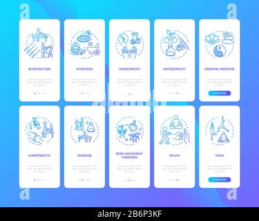 Alternative healing onboarding mobile app page screen with concepts set. Different complementary therapies walkthrough five steps graphic instructions Stock Vector