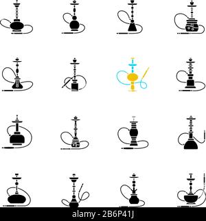Hookah black glyph icons set on white space. Sheesha bar. Hooka accessories. Smoke area. Vapor, vaping. Tobacco option. Arabic lounge. Silhouette Stock Vector