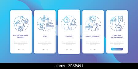 Alternative treatment techniques onboarding mobile app page screen with concepts. External energy medicine walkthrough five steps graphic instructions Stock Vector