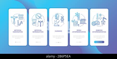 Reproductive technology onboarding mobile app page screen with concepts. Artificial insemination walkthrough 5 steps graphic instructions. UI vector Stock Vector
