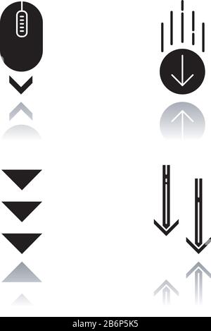 Scrolling down drop shadow black glyph icons set. Computer mouse and arrowheads in circles buttons. Moving arrows. Web page browsing cursor. Way Stock Vector