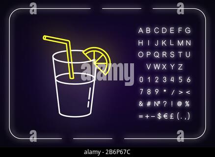 Long drink, cocktail neon light icon. Outer glowing effect. Sign with alphabet, numbers and symbols. Alcohol beverage with straw and lemon slice Stock Vector